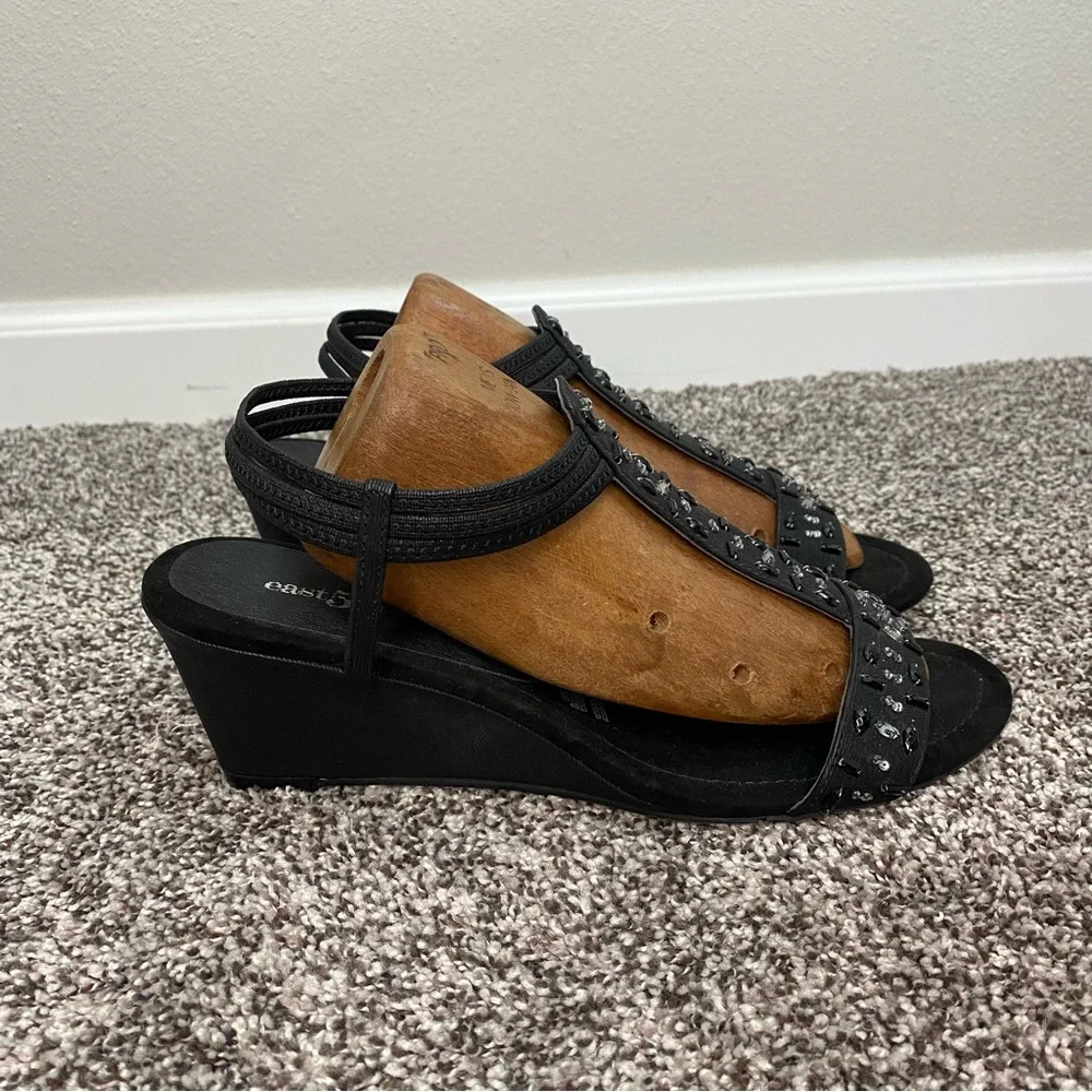 East 5th Finley Black Wedge Heels with Beads‎ Woman's Size 11
